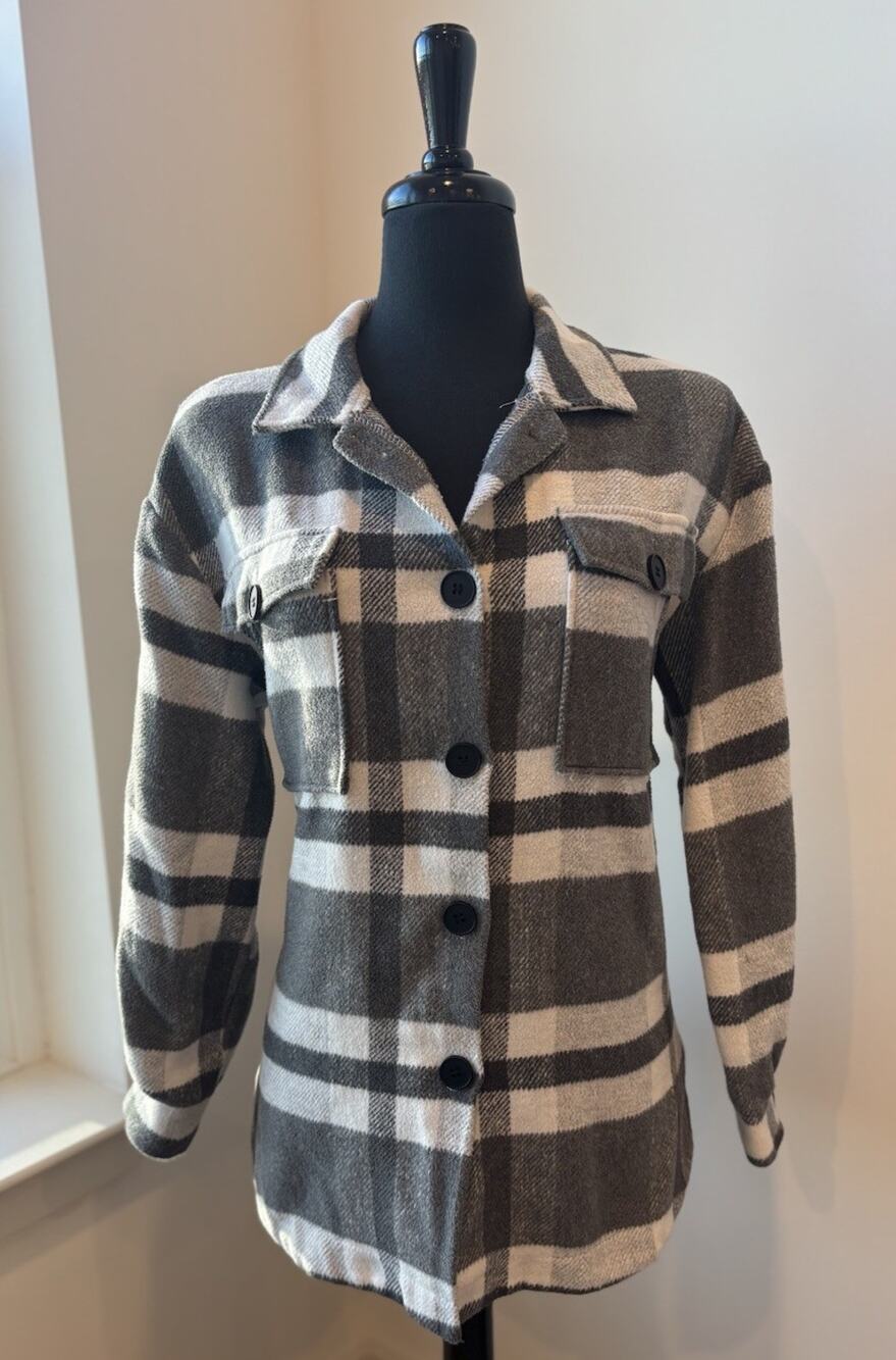 Flannel Autumn Shacket Jacket Button Up Gray Plaid Oversized Size Medium